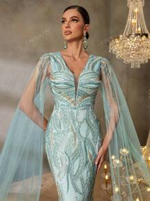 Faeriesty FAERIESTY Opulent Beaded V-Neck Evening Gown With Floor-Length Sheer Sleeves, Mermaid Silhouette & Dramatic Train | Luxury Red Carpet Dress For Galas, Formal Dinners, Wedding Receptions, Opera Galas, And Black-Tie Balls
