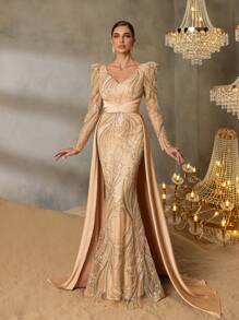 Faeriesty Faeriesty Luxury Beaded Mermaid Evening Gown With V-Neck, Strappy Back & Satin Trains - Formal Dress For Luxury Galas, High-End Parties & Red Carpet Glam
