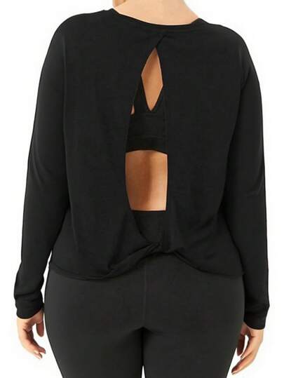 Plus Size Women Christmas Sports Wear, Long Sleeve Running Outdoor Shirt, Rhombus Hollow Back, Twist Hem Decor Ladies T-Shirt, Autumn/Winter New Arrival