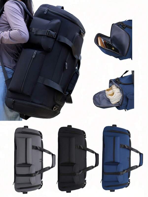 Separación de seco y húmedo, compartimento de zapatos independiente, múltiples métodos de transporte, bolsa de equipaje deportivo de gran capacidad, diseño de múltiples compartimientos, tela de alta densidad, disponible en negro/gris/azul, adecuado para viajes ligeros al aire libre/yoga fitness natación/baloncesto fútbol tenis esquí/unisex