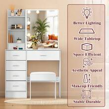 Dressing Table Set With LED Lighted Sliding Mirror, Stool, Drawers, Modes Adjustable Brightness, Girls Makeup Vanity Desk With With LED Mirror For Bedroom, Vanity Makeup Desk For Bedroom Furniture - White - View 9