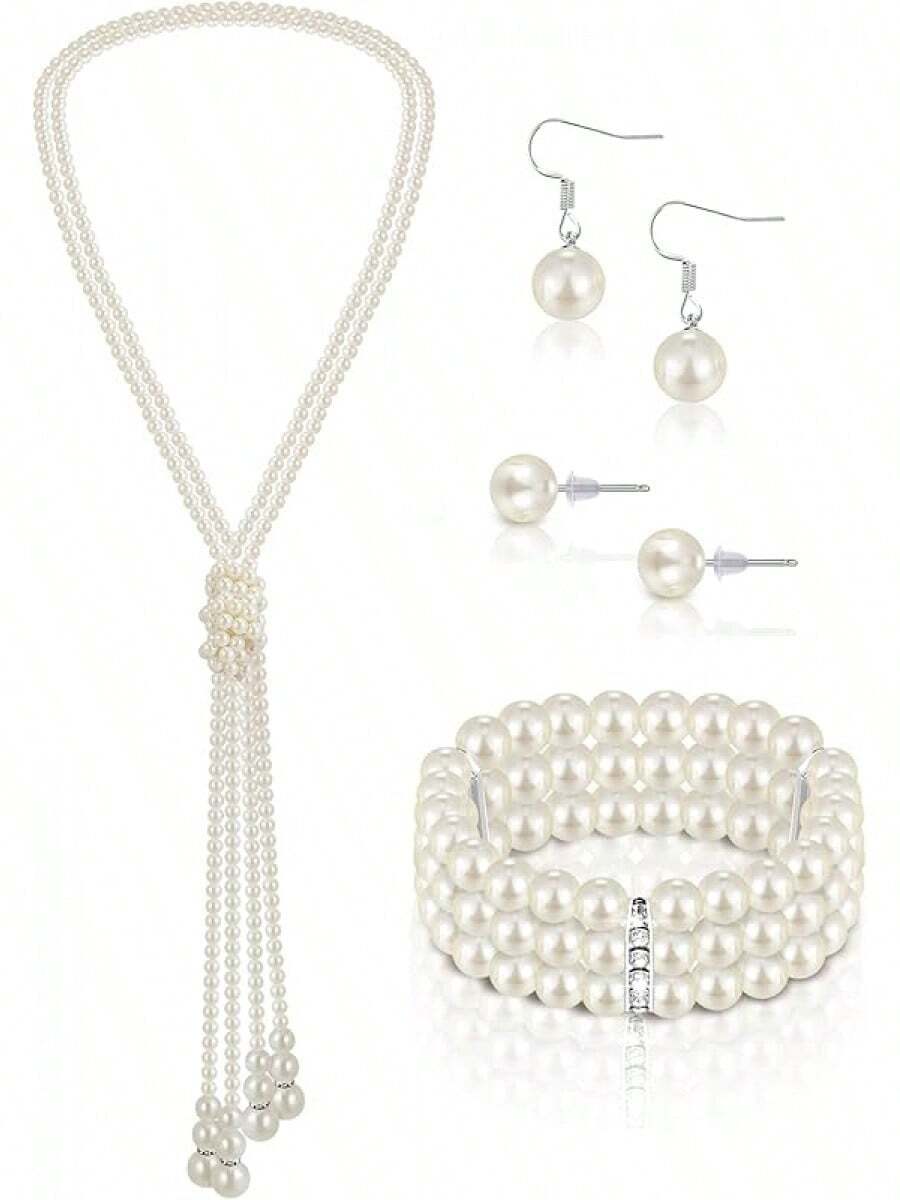 Glenmal Pearl Rhinestone Jewelry Set For Women Pearl Necklace Bracelet Earrings For Wedding Birthday Bridal Shower Tea Party - Vintage Style - View 1