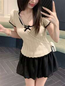 返校夏季休闲可爱女孩撞色蝴蝶结镂空修身短袖 T 恤，女士短款针织上衣 - 杏色 - 查看 5