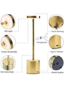 1 pieza Lámpara de escritorio LED recargable, 3 opciones de color, con cable de carga USB, luz ambiente nocturna para mesita de noche, adecuada para dormitorio, bar, restaurante, decoración de hotel - Bronce - Ver 3