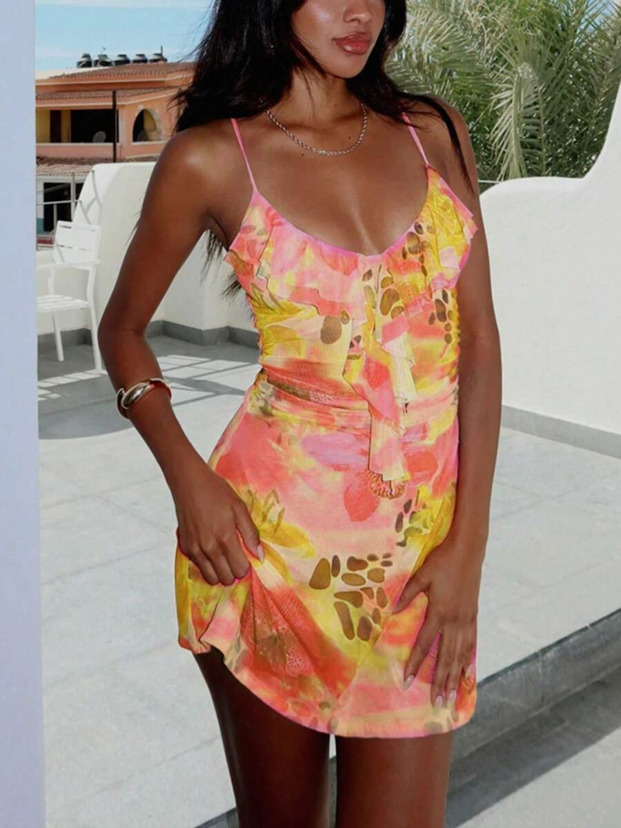 花卉印花荷叶边下摆吊带迷你休闲度假连衣裙 - 黃 - 查看 1