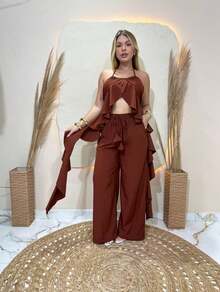 Canjunto Calça e Blusa Tunica Boho Chic - Marrom - Visão 3
