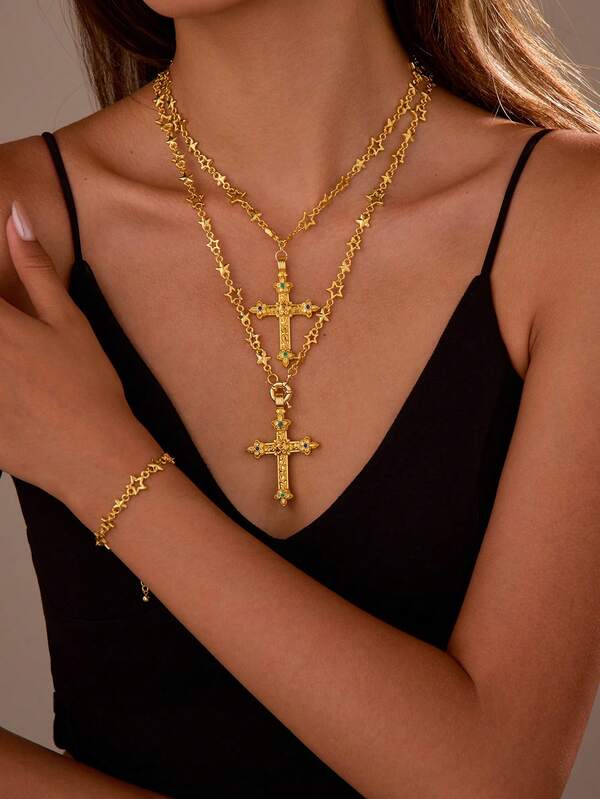 1 colar feminino vintage e moderno em liga de cobre, conjunto de joias de luxo incluindo colar e pulseira, adequado para festas religiosas na igreja, acessório versátil para todas as estações