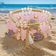 4pcs/Set Women's Assorted Bohemian Multilayer Bracelet With Imitation Crystal & Beaded Heart Charms, Versatile Fashion Jewelry Accessories For Summer