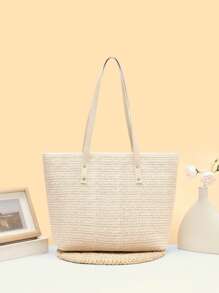 1pc Large Capacity Shoulder Bag, Beach Bag, Straw Bag, Shopping Bag, Women's Tote, PU Splicing Straw Beige Women's Handbag, Fashion Minimalist Commuter Vacation Tote