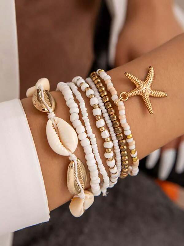 7pcs/Set European And American Bohemian Style Seashell, Rice Bead And Starfish Braided Bracelets For Women, Summer Beach Jewelry Set