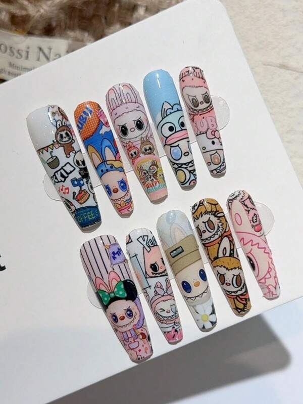 Summer's New Cute And Fun Dopamine 10-Piece Long Coffin-Shaped Ugly And Cute Labab Series Limited Edition High-End And High-Quality Wearable Armor. A Piece Of Jelly Gel And A Nail File Are Given As Gifts, Which Can Be Reused By You.