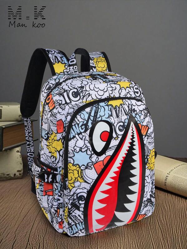 New Money Flower Camo Shark Mouth Coin Backpack, Back To School Season, Soft Composite Material Backpack, Lightweight, Water-Resistant, Cool For Summer College Students, Random Printed Large Capacity Minimalist Ergonomic Backpack, Laptop Bag (All Strap Prints And Letters Are Random) School Bag, School Supplies, School Backpack, Backpack For School