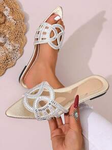 水钻尖头拖鞋，闪亮新款一脚蹬拖鞋，时尚休闲罗马风格平底凉鞋，适合春夏季