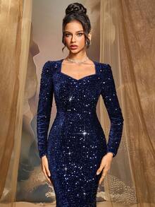 CHOSMO CHOSMO New Autumn Sequins Long Sleeve Orange Prom Dresses Gorgeous Elegant Slim High Waist Elegant Evening Dresses Long Women's Dresses Long Gowns,Navy Blue Dress Women