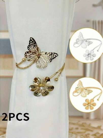 1pc/2pcs Gold/Silver-Colored Metal Butterfly Flower Curtain Tieback- Fashionable Metal Curtain Clips, Easy To Install & Decorate, Modern Style For Home Decor, Suitable For Window Decoration Of Homes, Living Rooms, Bedrooms, Rooms And Offices