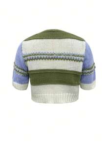Suéter de punto a rayas con botones, de escote en V, de estilo de moda, todo a juego, contraste de color, para mujer. Chaqueta de punto abierta tipo cárdigan que deja ver el ombligo, de estilo informal y de vacaciones, de tejido de punto corto, para primavera, verano y otoño.