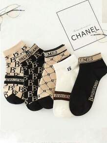 5/10 Pairs Ladies Short Socks With Letter & Stripe Pattern, Lightweight Luxury French Vintage Fashionable Versatile, Spring/Summer