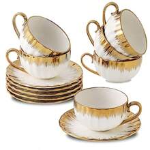 Cappuccino Cups With Saucers 7 Oz Porcelain Double Espresso Cups Set Ceramic Turkish Coffee Cups With Gold Trim Tea Cups Set Of 6 Cafe Cups For Latte Mocha Au Lait White - whiteandgold-06 - View 1