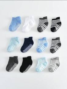 6 Pairs/12 Pairs Baby Anti-Slip Ankle Socks With Non-Slip Rubber Sole, Suitable For Infant, Toddler, Boys And Girls
