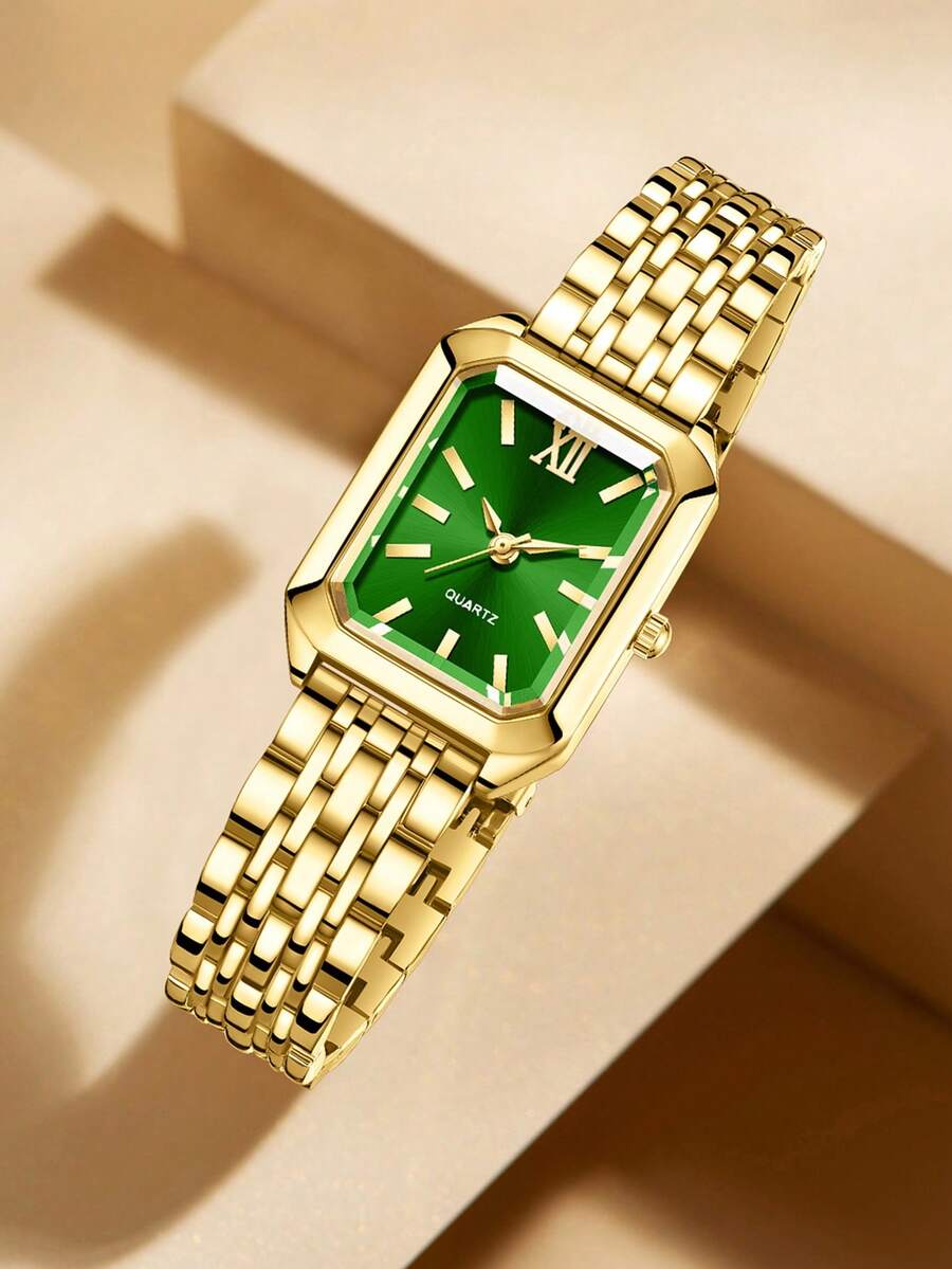 1件女士金色表带时尚休闲经典长方形简约表盘石英表,适合日常佩戴或作为传统节日礼物 - 綠色 - 查看 1