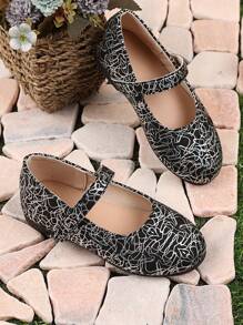 1 Pair Black Toddler/Little Girls' Silver Print Soft PU Leather Mary Jane Flats, Round Toe, Hook And Loop Strap, TPR Anti-Slip Sole, Bohemian Princess Casual Shoes, Suitable For 1-12 Years Old Students, Suitable For Parties, Dancing, Daily Wear In Spring, Autumn And All Seasons
