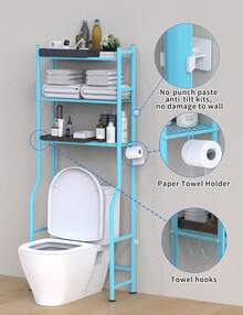 3-Tier Over The Toilet Storage, Freestanding Metal Bathroom Shelves With 4 Hooks, Over Toilet Storage Shelf With Paper Holder, Above The Toilet Shelf For Bathroom Storage, Blue - 藍色 - 查看 6