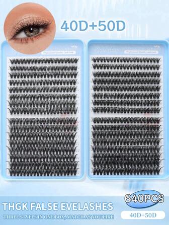 640 件睫毛簇，D 卷曲，640 件单根睫毛簇 40D+50D 卷曲 8-16 毫米，DIY 睫毛延长，打造自然外观、超浓密、智能、超柔软、超轻可重复使用单节假睫毛睫毛延长套装，适合初学者在家或外出时使用，适用于日常生活、婚礼、约会、派对、音乐节和万圣节睫毛簇、睫毛簇、单根睫毛、睫毛、假睫毛