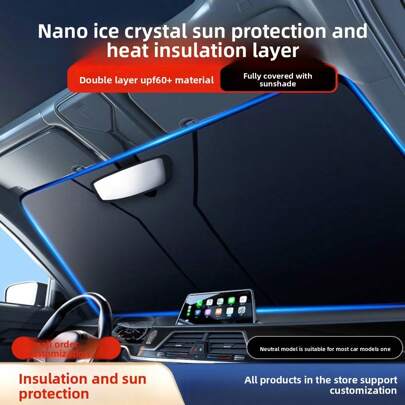 1 pieza Parasol frontal para parabrisas de coche con opción de 2 tamaños, material de titanio color plateado, protección UV, visera de coche plegable que bloquea los rayos UV y mantiene el interior del coche fresco, se ajusta a la mayoría de vehículos, versión plegable con bolsa de almacenamiento, aproximadamente 57*31.5 pulgadas, parasol, vela solar, bloqueador solar, accesorios para automóvil
