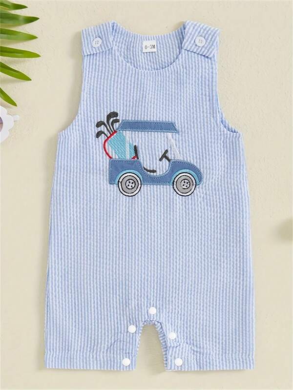 Baby Boy Striped Cartoon Embroidery Pattern Bib Overall Sleeveless Romper Shorts Set
