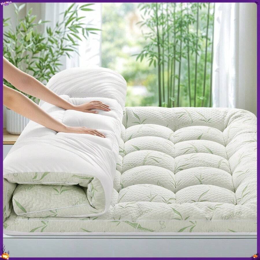 Cooling Bamboo Mattress Topper Queen, 1000 GSM Extra Thick Pillow Top Mattress Pad, Down Alternative Mattress Cover, 8-21" Deep Pocket, White
