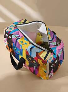 Cartoon Abstract Cat Print Large Capacity Travel Duffel Bag, Fashion Fitness,Yoga And Workout Tote With Shoe Compartment, Portable Overnight Bag, Random Print Quilted Polyester Handbag Bag For School School Accessories School Stuff