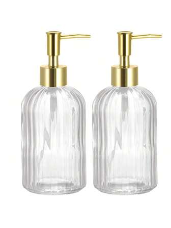 1pc 400ml/13.52oz Glass Soap Dispenser With Rust Proof Stainless Steel Pump, Vertical Stripe, Premium Bathroom Soap Dispenser For Kitchen & Bathroom Back To School