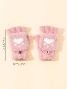 1双幼儿男女通用猫爪爱心图案保暖半指毛绒手套，适合秋冬季户外佩戴 - 粉色 - 查看 5