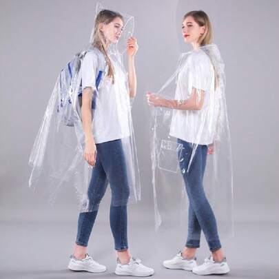 1pc PEVA Transparent Raincoat, Adult Hiking Backpack Poncho, Credit Card Size Foldable Rainwear, 10000+ Times Waterproof Outdoor Rain Gear, Side Pockets Mountaineering Cycling Emergency Poncho