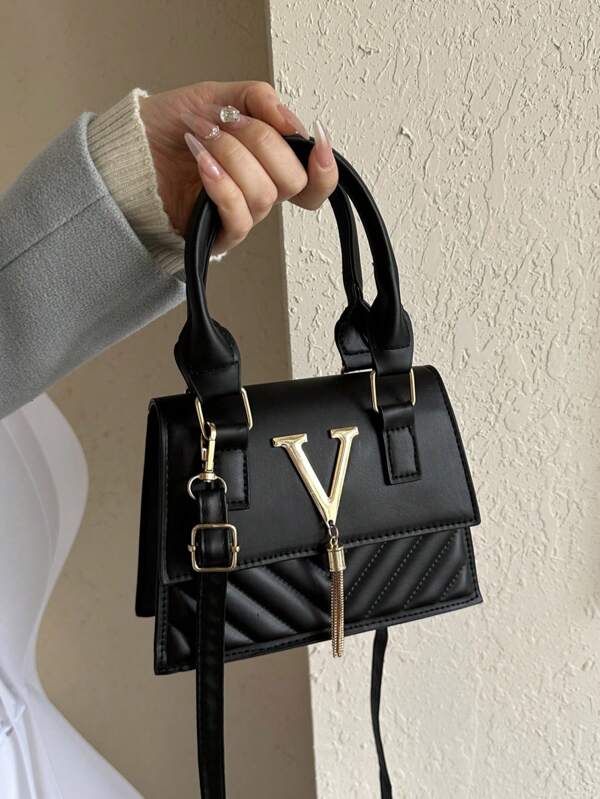 Bolso cuadrado casual mini de mano, bolso con tapa con doble asa superior, decoración con letra V de metal, borla de metal, bolso versátil de hombro y cruzado para mujer, bolso de tote casual resistente a arrugas que cabe teléfono, lápiz labial y artículos pequeños