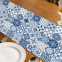 1pc Bohemian Blue & White Patterned Table Runner, 100% Polyester, Machine Washable, Suitable For Long Tables Decor, Kitchen Countertops, Dining Tables, Weddings And Home Kitchen Decoration - Blue - View 3