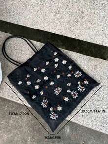 花朵刺绣通勤单肩包，带刺绣装饰的黑色布艺手提包，女士网眼托特包 - 黑色 - 查看 6