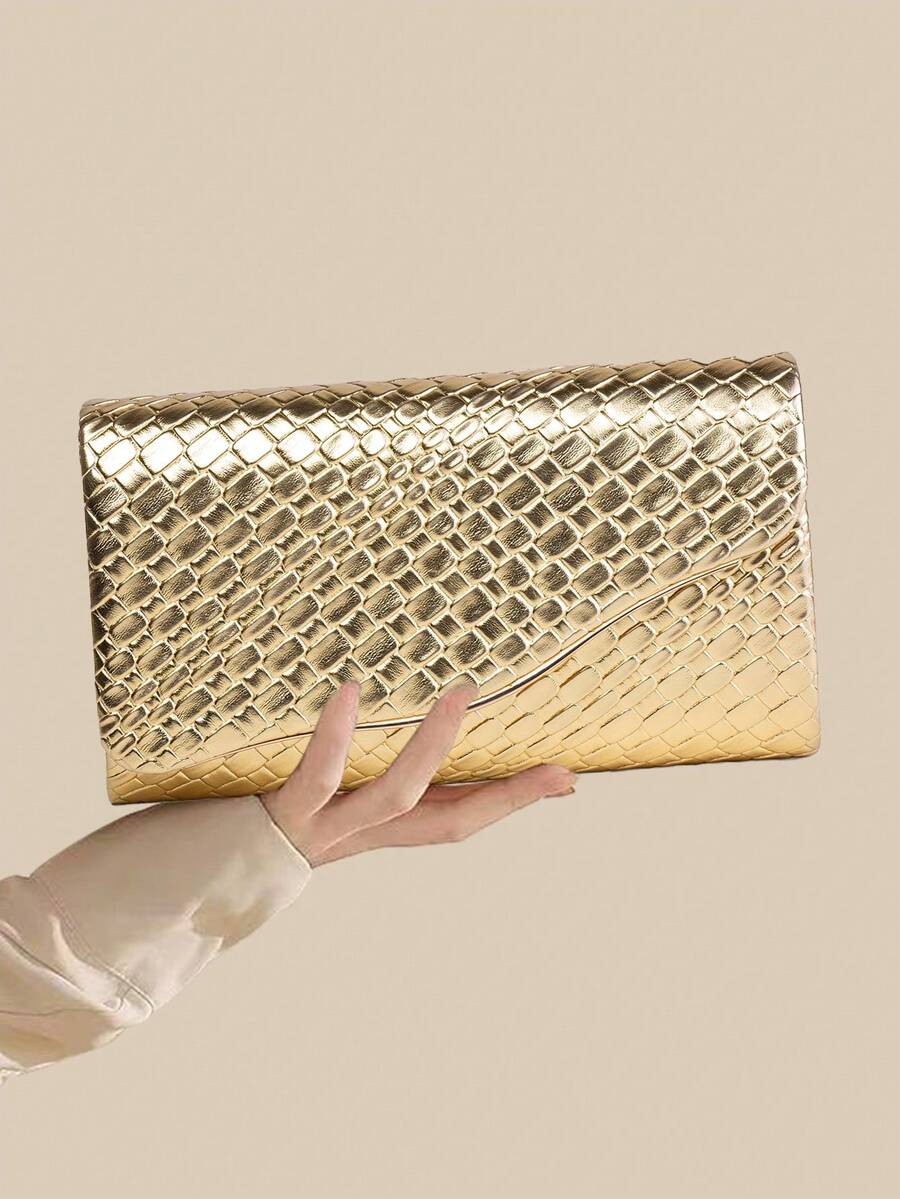 1 件编织纹理 PU 材质手拿包，带有优雅的金属装饰，适合手提、手提包、单肩包和斜挎包，可用于婚礼、派对、舞会、宴会和其他场合