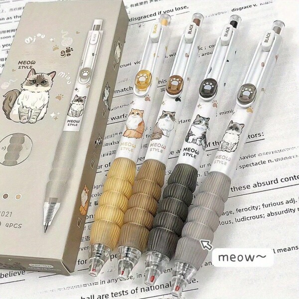 1/2/4 Stück niedliche Katzenmotiv neutrale Stifte - 0,5 mm Feinstift, schnelltrocknende schwarze Tinte - modische und spaßige einziehbare Stifte, geeignet für Büro, Schule und Zuhause, Schreibstifte, Schulbedarf, Schulanfang