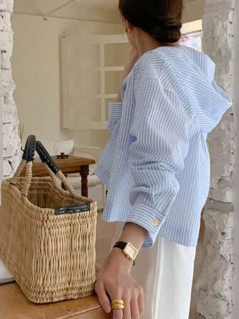 韩版时尚条纹撞色单排扣宽松长袖连帽防晒衬衫女夏季