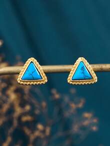 1pc Vintage Imitation Turquoise Triangle Twist Stud Earrings, Simple & Versatile Daily/Event Wear Jewelry Gift For Women, Friends - Blue - View 4