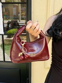 New Fashion Joker Solid Color Pu Waterproof Fabric, Letter Pattern Decoration Design, Zipper Opening And Closing, Handbags, Square Bags, Burgundy Bags, With Pendant Decoration Design, Can Be Slung, Suitable For Shopping., Fashionable Burgundy Bag