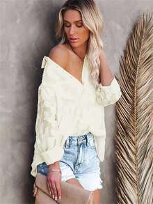 Women Elegant Long Sleeve Collared Textured Button Shirt Blouse, Suitable For Spring/Autumn - Beige - View 4