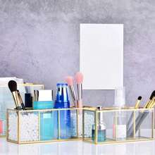 Premium Glass Makeup Brush Organizer With Gold Rim Cosmetic Brush Holder For Lipstick Eyeliners Waterproof Dustproof Storage Box
