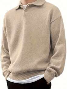 男士纯色纽扣设计 Polo 衫，秋冬休闲宽松针织套头衫 - 卡其色 - 查看 3