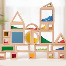 木制亚克力彩虹感官积木，几何形状拼装积木，颜色识别与抓握协调性培养创造力与专注力训练玩具，适合学龄前男孩和女孩学习