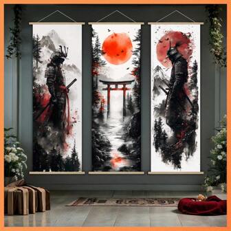 1/3pcs Japanese Samurai Ink Painting Scroll Set - High-Definition, Fade-Resistant, Vintage Canvas Art Prints For Home, Office, Bedroom Decor
