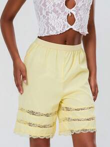 Women Loose Half Slip Shorts Loose Fit Lace Trim Pettipants Culotte Slip Bloomers Split Underwear Shorts Summer Pajama Shorts Sleepwear - 黃色 - 查看 1