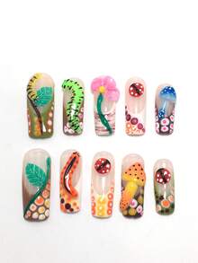 10 件套，2025 年新款 3D 夏季花卉美甲套装，按压式指甲，33 毫米方形指甲，手工制作，海滩必备美甲用品，甜美的 Y2k 风格，名人同款 - 彩色 - 查看 2