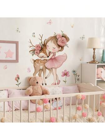 Enchanted Girl & Unicorn Deer Wall Decals - Cartoon Forest Friends Nursery Stickers For Kids Room, Baby Girl Bedroom, Playroom Wall Art Stickers